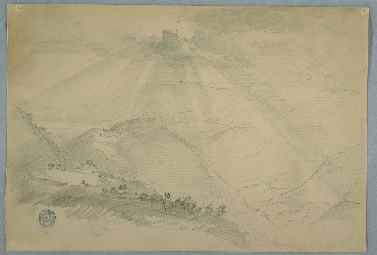 Tekening, Zon schijnt door wolken boven een bergvallei, Jamaica, juli 1865 door Frederic Edwin Church