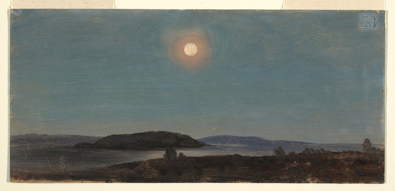 Tekening, Zon of maan opkomend boven Porcupine Islands, Bar Harbor, ca. 1860 door Frederic Edwin Church