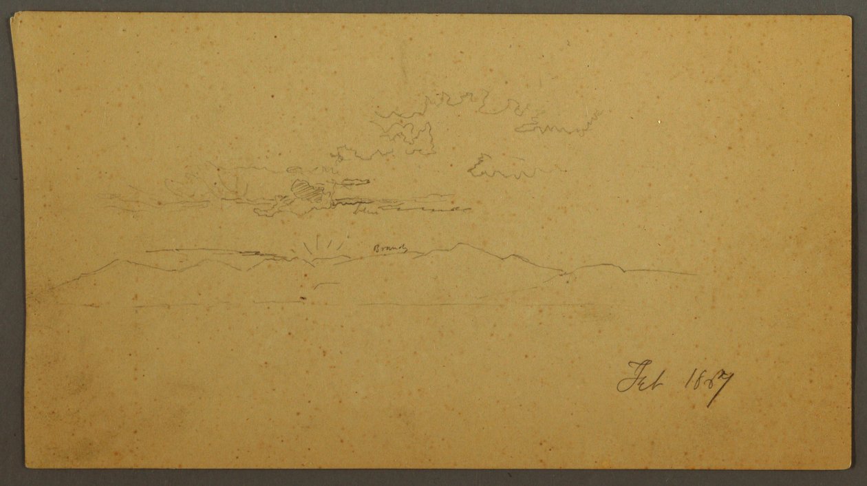 Tekening, Zonsondergang achter heuvels, februari 1867 door Frederic Edwin Church