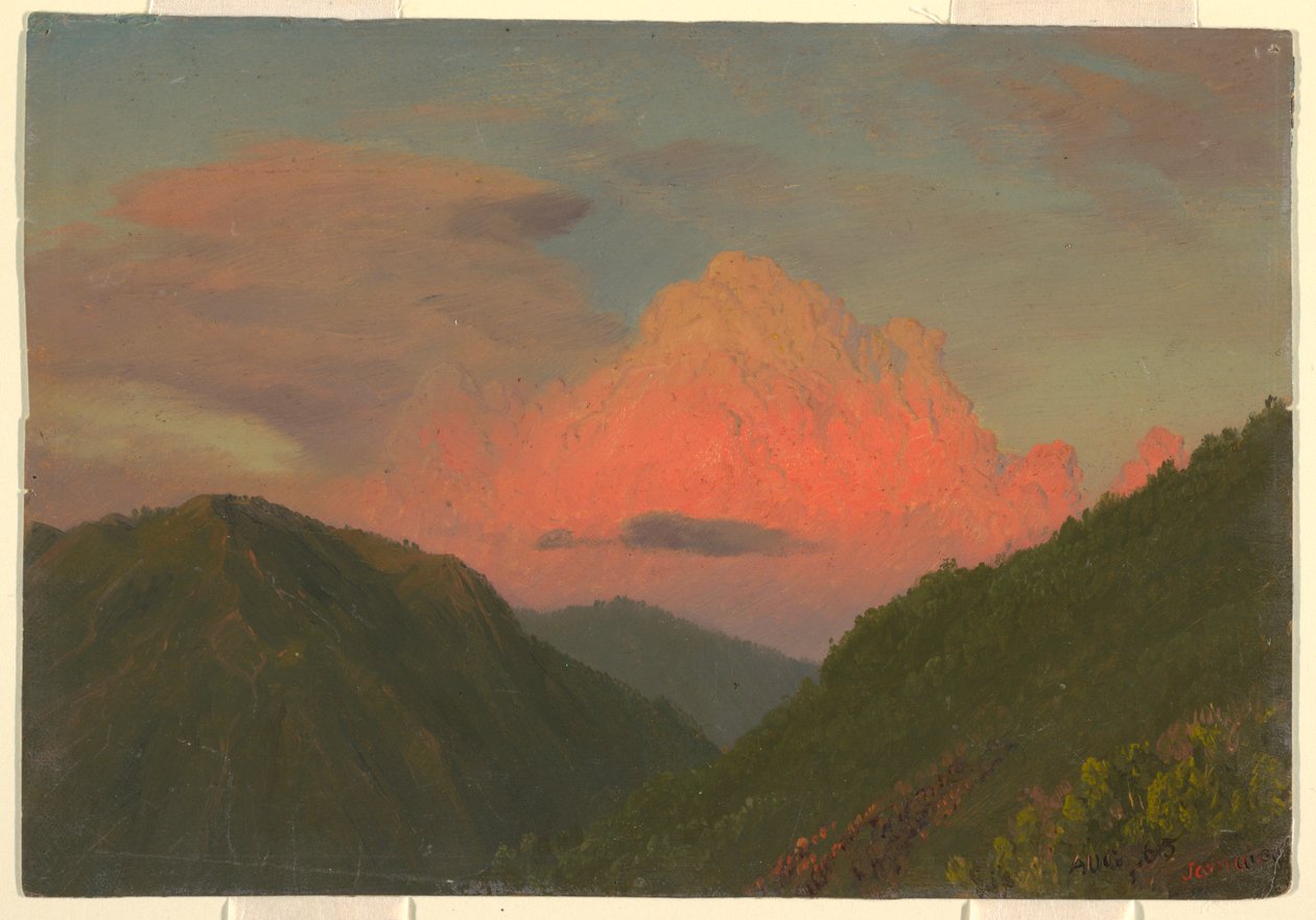 Tekening, Zonsondergang over heuveltoppen, Jamaica, West-Indië, augustus 1865 door Frederic Edwin Church