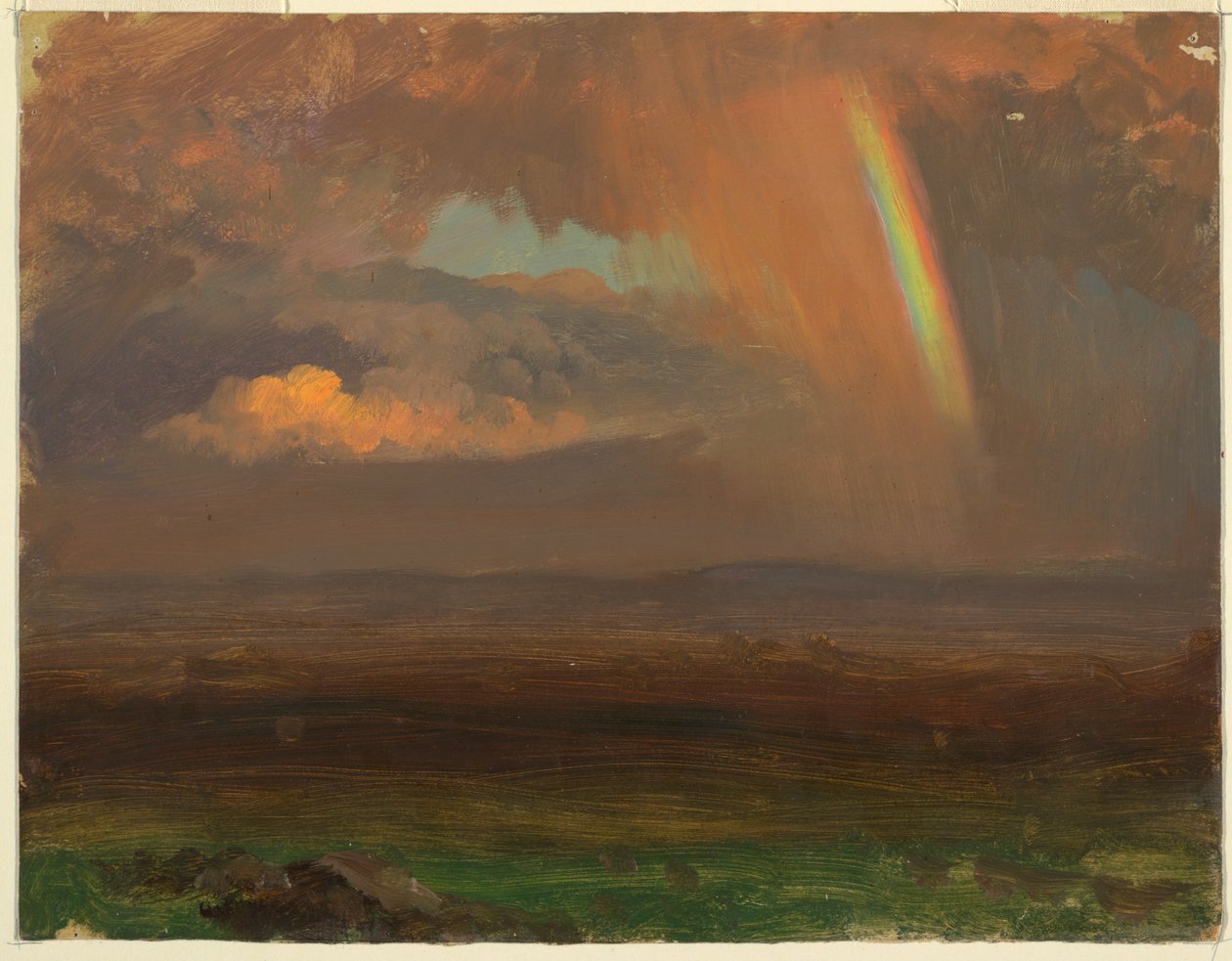 Tekening, Zonsondergang over weids landschap, 1865 door Frederic Edwin Church