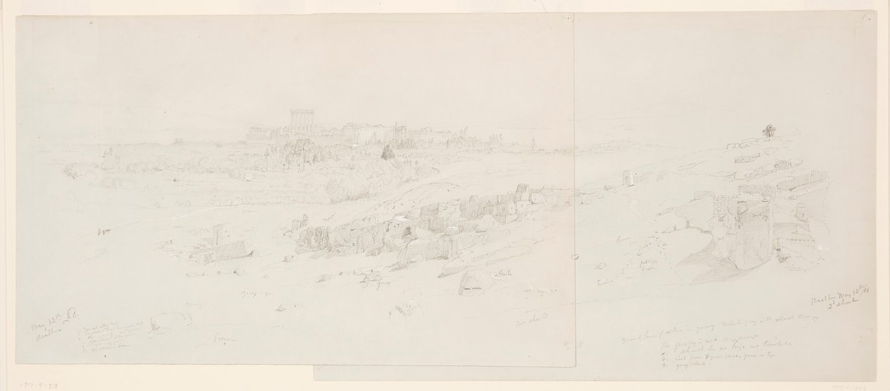 Tekening, Tempels in de ochtend, Baalbek, 12 mei 1868 door Frederic Edwin Church