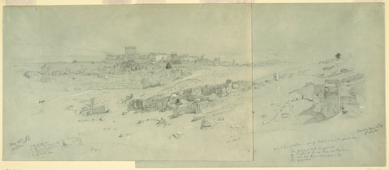 Tekening, Tempels in de ochtend, Baalbek, 12 mei 1868 door Frederic Edwin Church