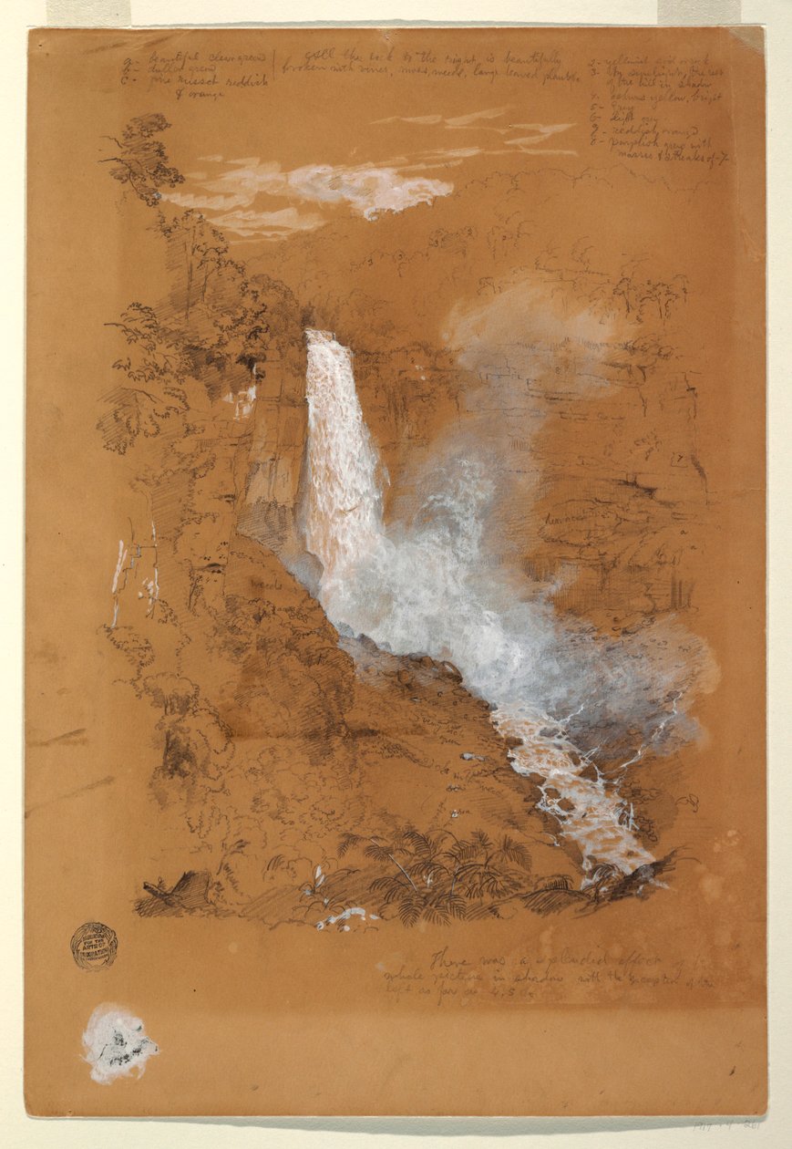 Tekening, Tequendama watervallen bij Bogotá, Colombia, juli 1853 door Frederic Edwin Church