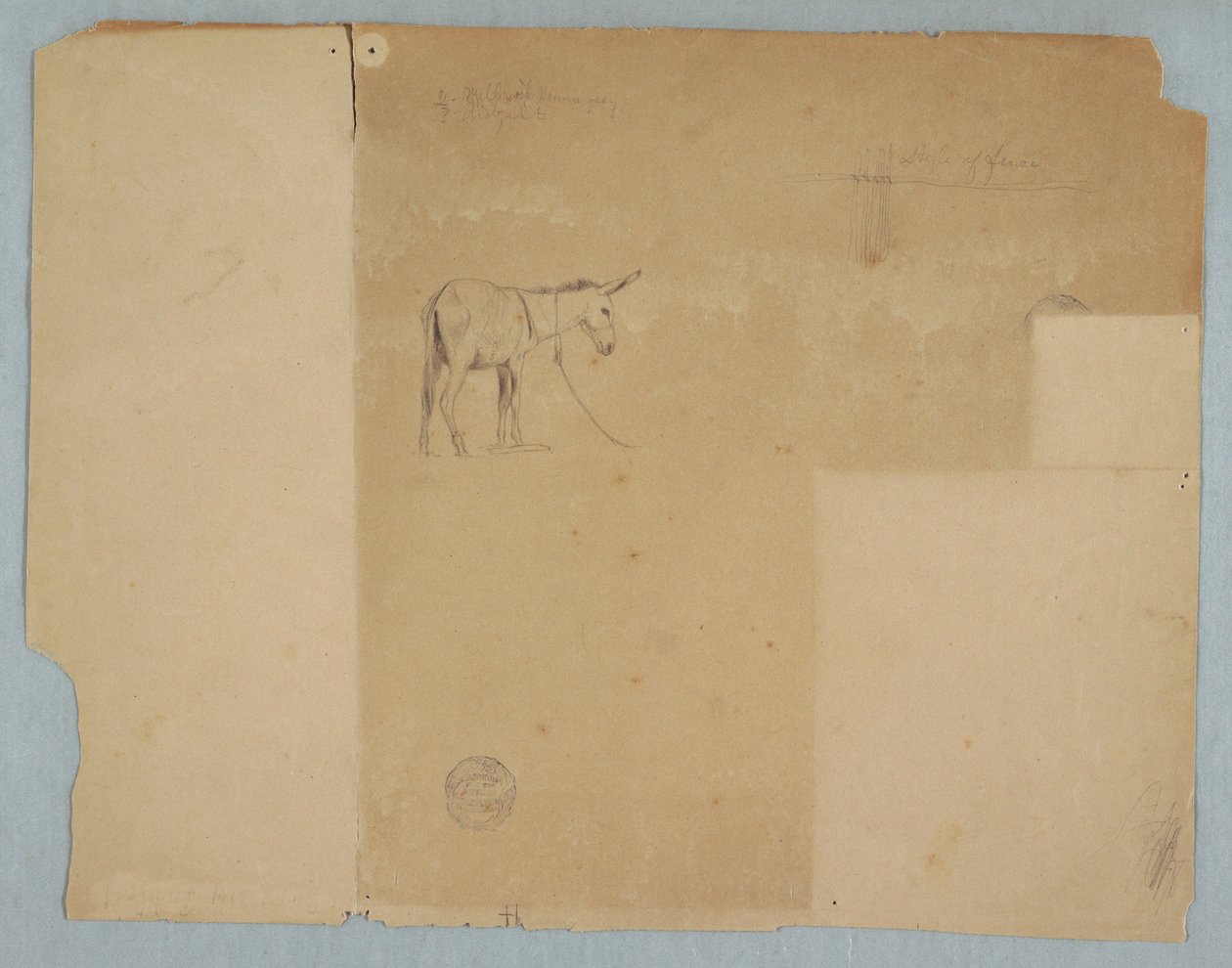 Tekening, Vastgebonden ezel en een stijl van omheining, Zuid-Amerika, 1853 door Frederic Edwin Church