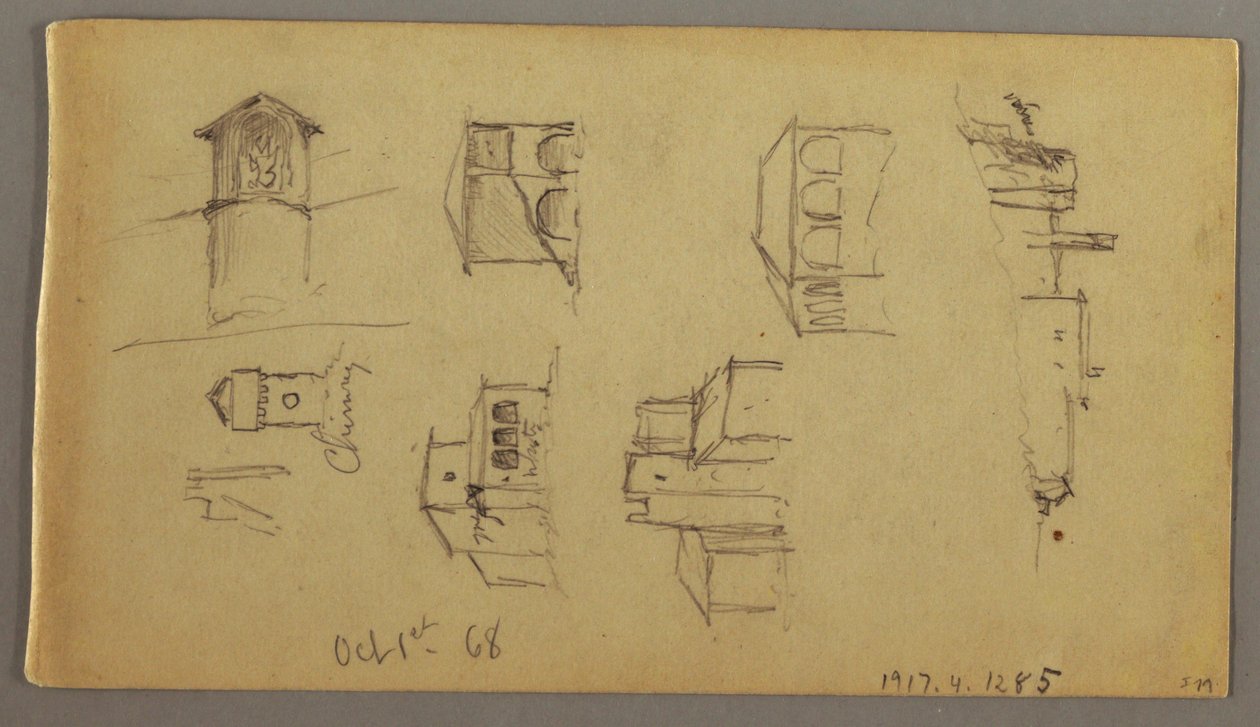 Tekening, Drie studies van kasteel op heuveltop, 1 oktober 1868 door Frederic Edwin Church