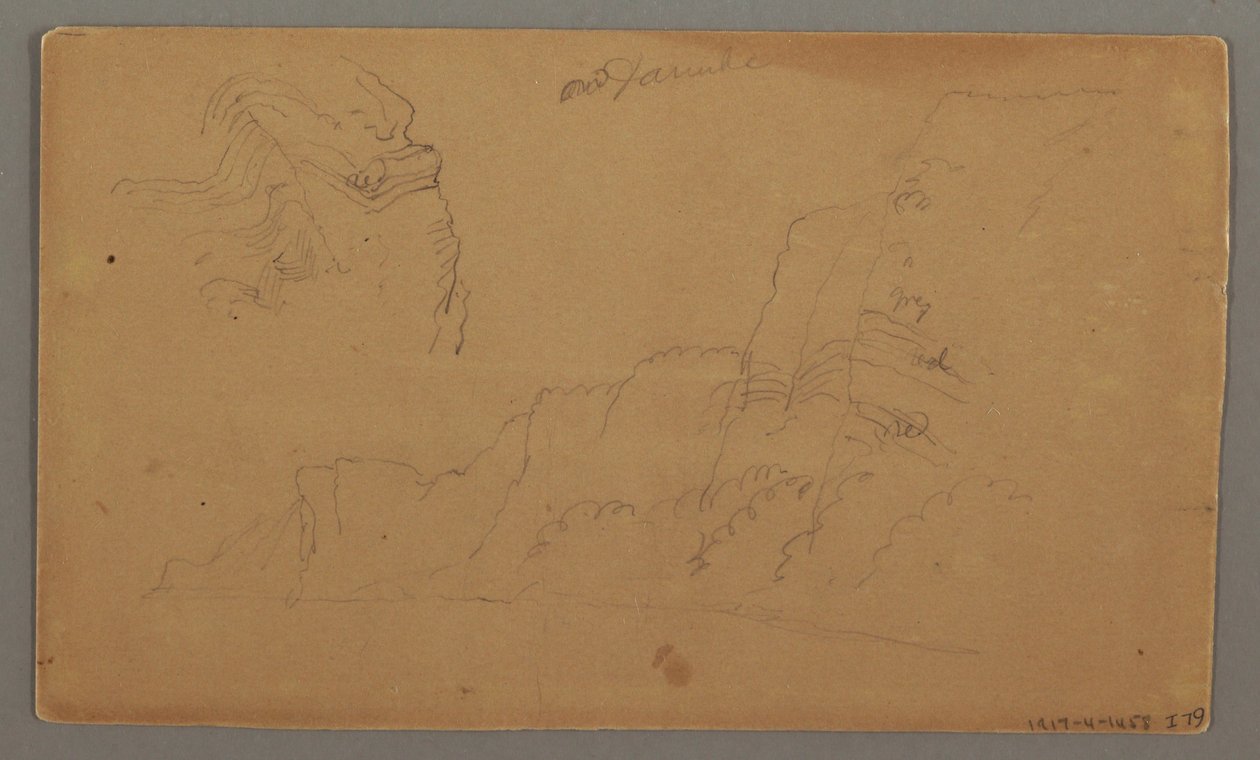 Tekening, Houten huis, twee zeilboten, dakstudies, mogelijk 1868 door Frederic Edwin Church