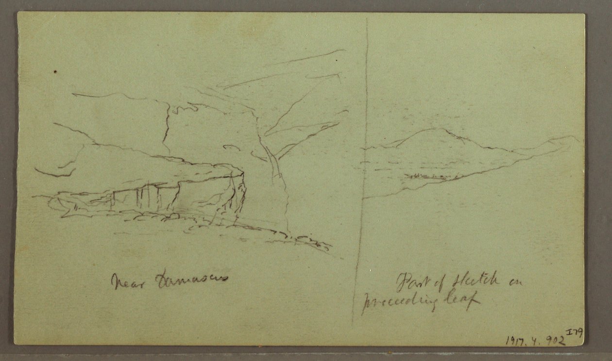 Tekening, Graf van een heuvel, drie minaretten, 1 mei 1868 door Frederic Edwin Church