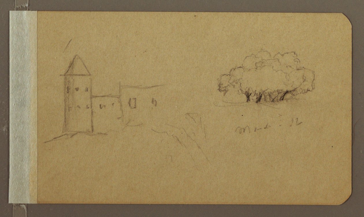 Tekening, Toren, Bomen, maart 1862 door Frederic Edwin Church