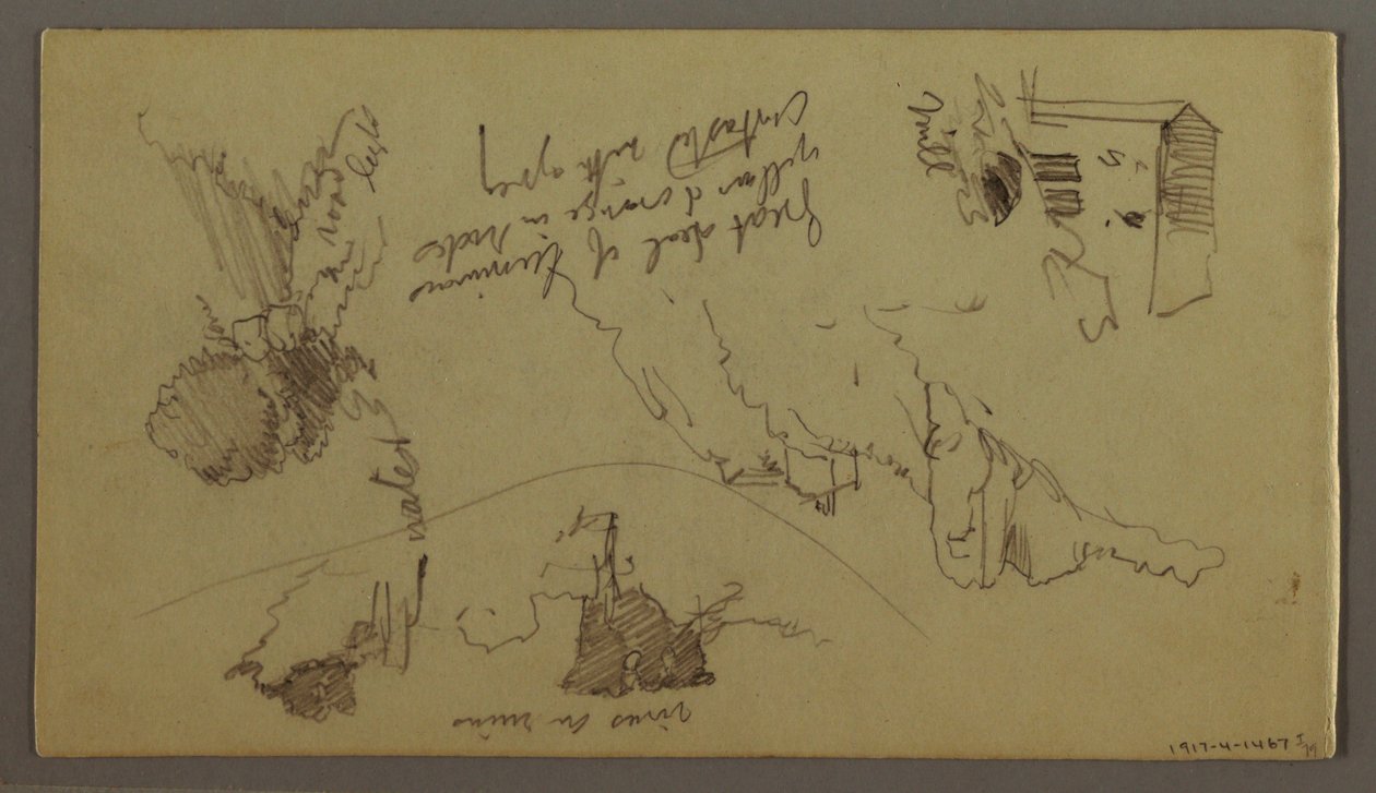 Tekening, Stad onder een bergtop, heuvelstad, mogelijk 1868-69 door Frederic Edwin Church