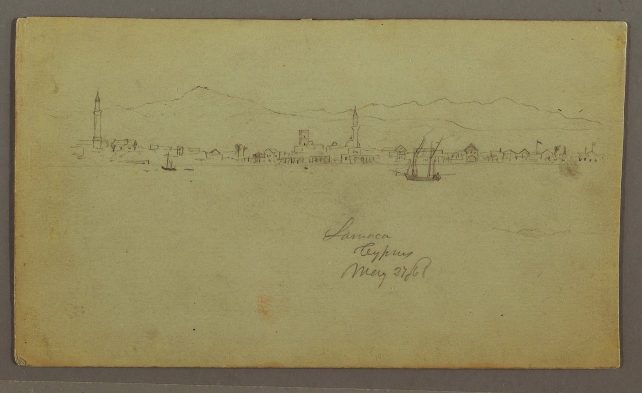 Tekening, Stad aan de kust, bergketen erachter, 27 mei 1868 door Frederic Edwin Church