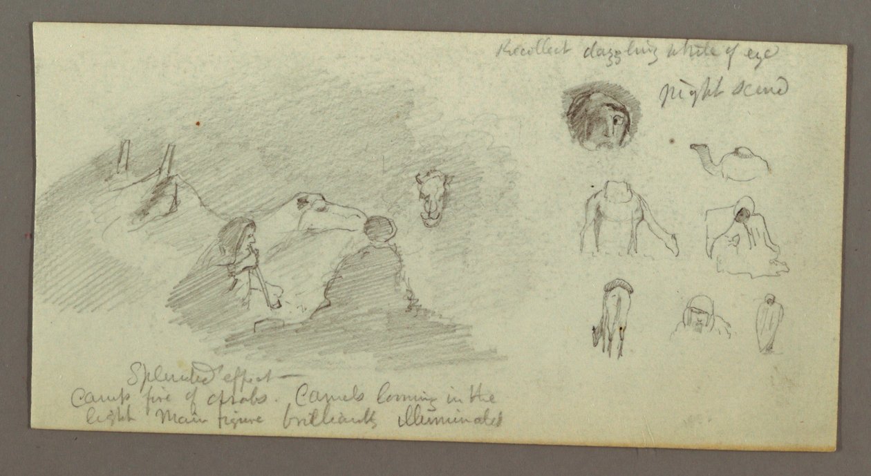 Tekening, Twee figuren en twee kamelen bij kampvuur, figuur- en kamelenstudies, mogelijk 1868 door Frederic Edwin Church