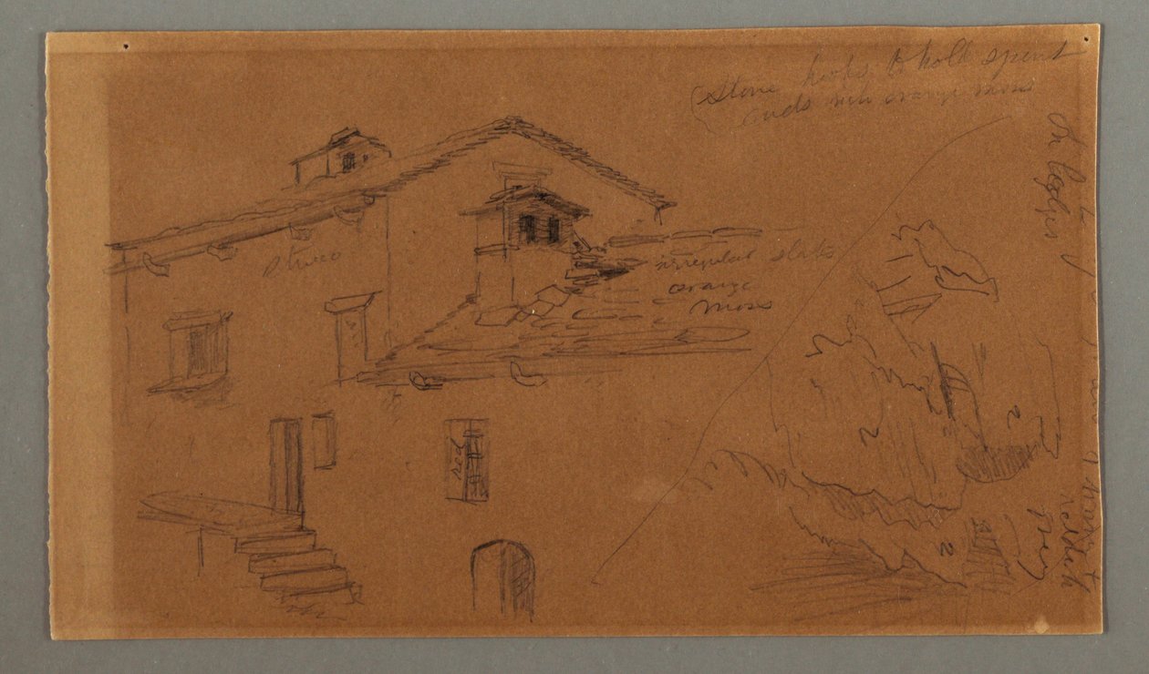 Tekening, Twee huizen, Rots, mogelijk 1868 door Frederic Edwin Church