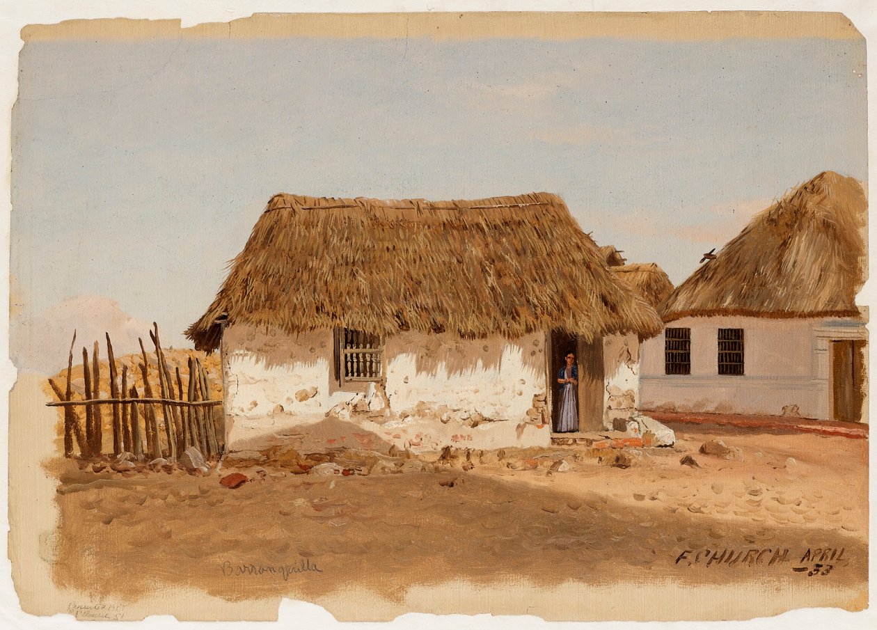 Tekening, Twee huizen in Barranquilla, Colombia, april 1853 door Frederic Edwin Church