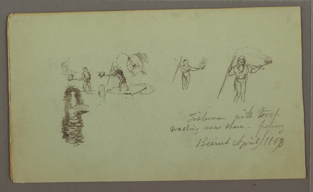 Tekening, Twee studies van vissers met hengels en fakkels, april 1868 door Frederic Edwin Church