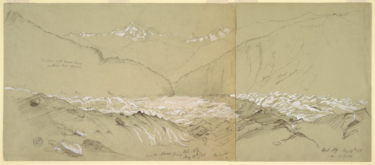 Tekening, Bovenste Aletschgletsjer met de Grote Fusshorn, 1868 door Frederic Edwin Church