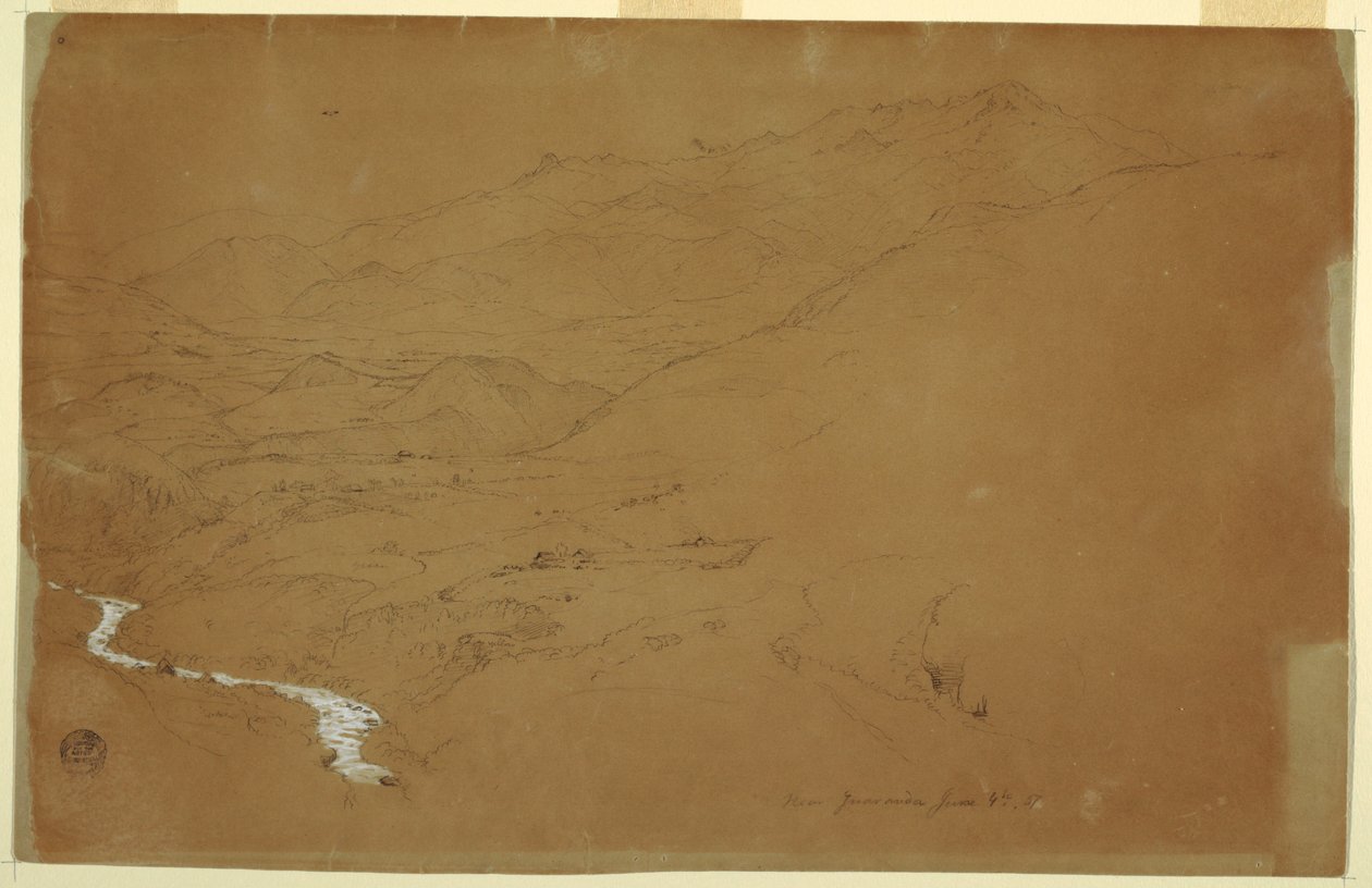 Tekening, Vallei met een stroompje en huizen, bij Guaranda, Ecuador, 4 juni 1857 door Frederic Edwin Church