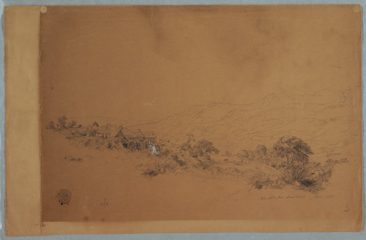 Tekening, Vallei met McAllisters zaagmolen, Colombia, juni 1853 door Frederic Edwin Church