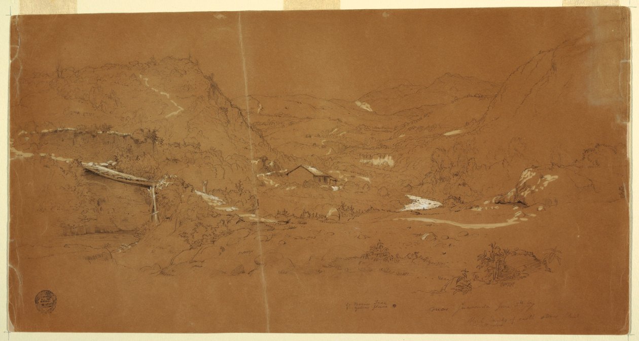 Tekening, Vallei met een brug en huizen, bij Guaranda, Ecuador, 5 juni 1857 door Frederic Edwin Church