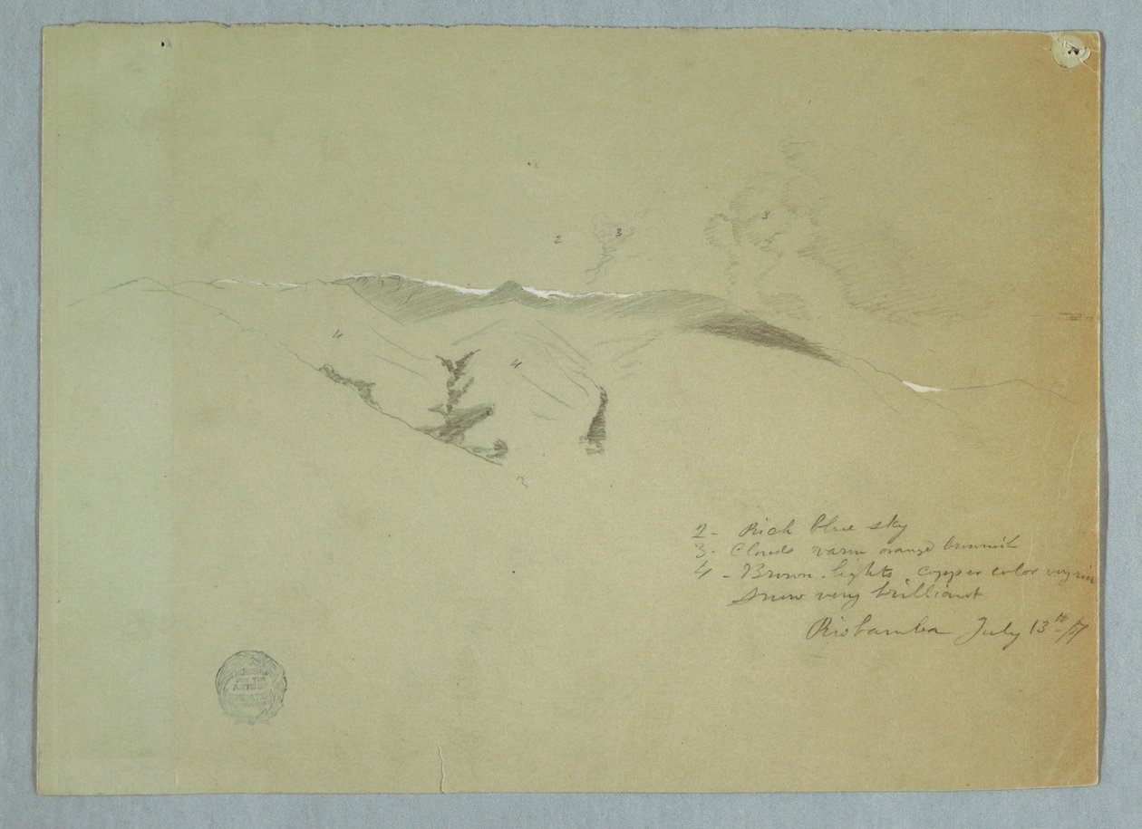 Tekening, valleien en besneeuwde bergkammen, Riobamba, Ecuador, 13 juli 1857 door Frederic Edwin Church