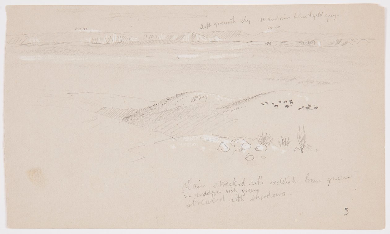 Tekening, Uitzicht over de heuvels en vlakte naar de bergen, Vallei van El Yemen, februari 1868 door Frederic Edwin Church