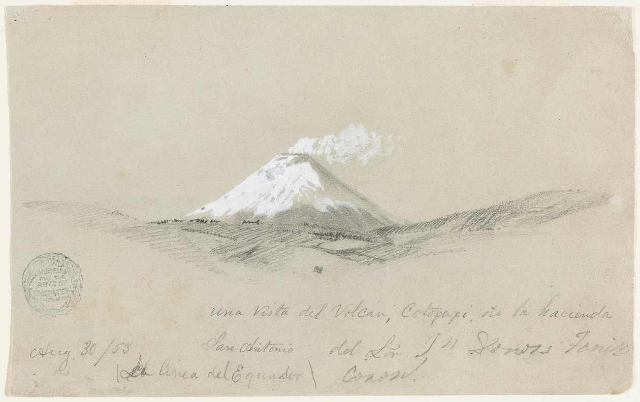 Tekening, Uitzicht op de Cotapaxi vanaf de Hacienda San Antonio, Ecuador, 30 augustus 1853 door Frederic Edwin Church