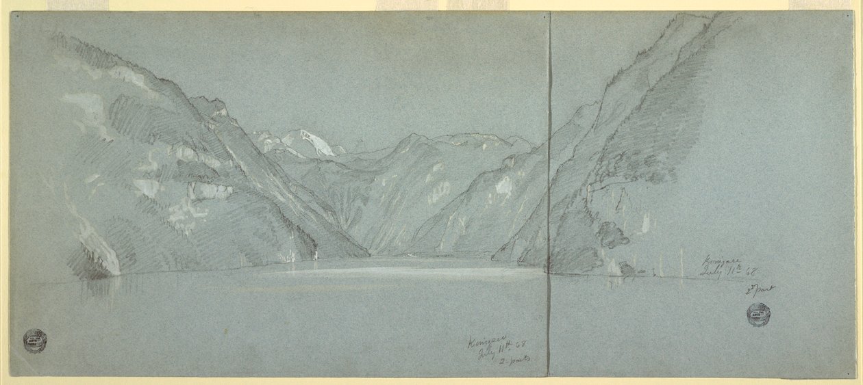 Tekening, Gezicht op de Konigssee met de Falkenstein, bij Berchtesgaden, Beieren, Duitsland, Deel 2, 11 juli 1868 door Frederic Edwin Church