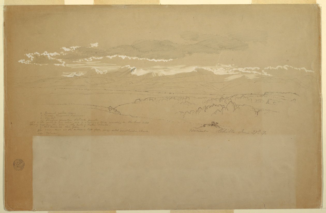 Tekening, Uitzicht op bergketen, Ecuador, 27 juni 1857 door Frederic Edwin Church