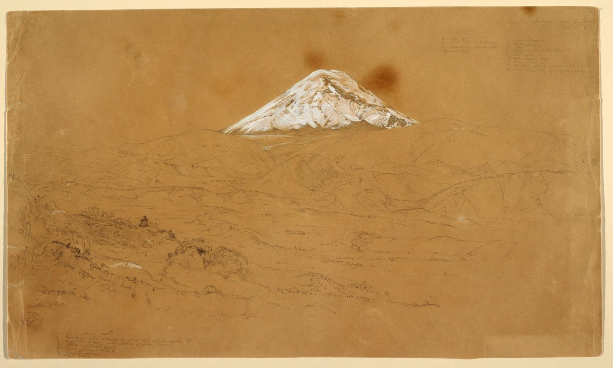 Tekening, Zicht op de met sneeuw bedekte berg Chimborazo, getekend bij Guanojo en Guaranda, Ecuador, 12 juni 1857 door Frederic Edwin Church