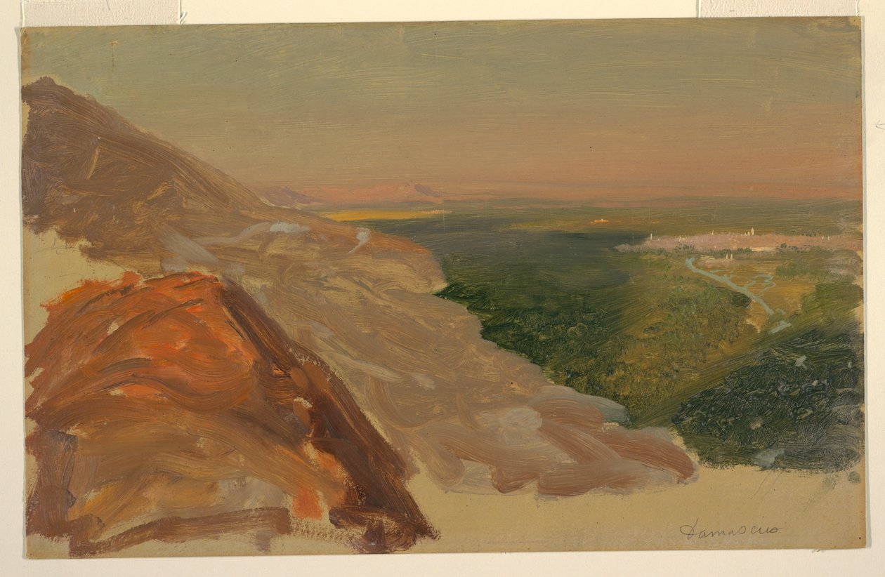 Tekening, Gezicht op een vlakte met Damascus, Syrië, vanaf de bergen, mei 1868 door Frederic Edwin Church