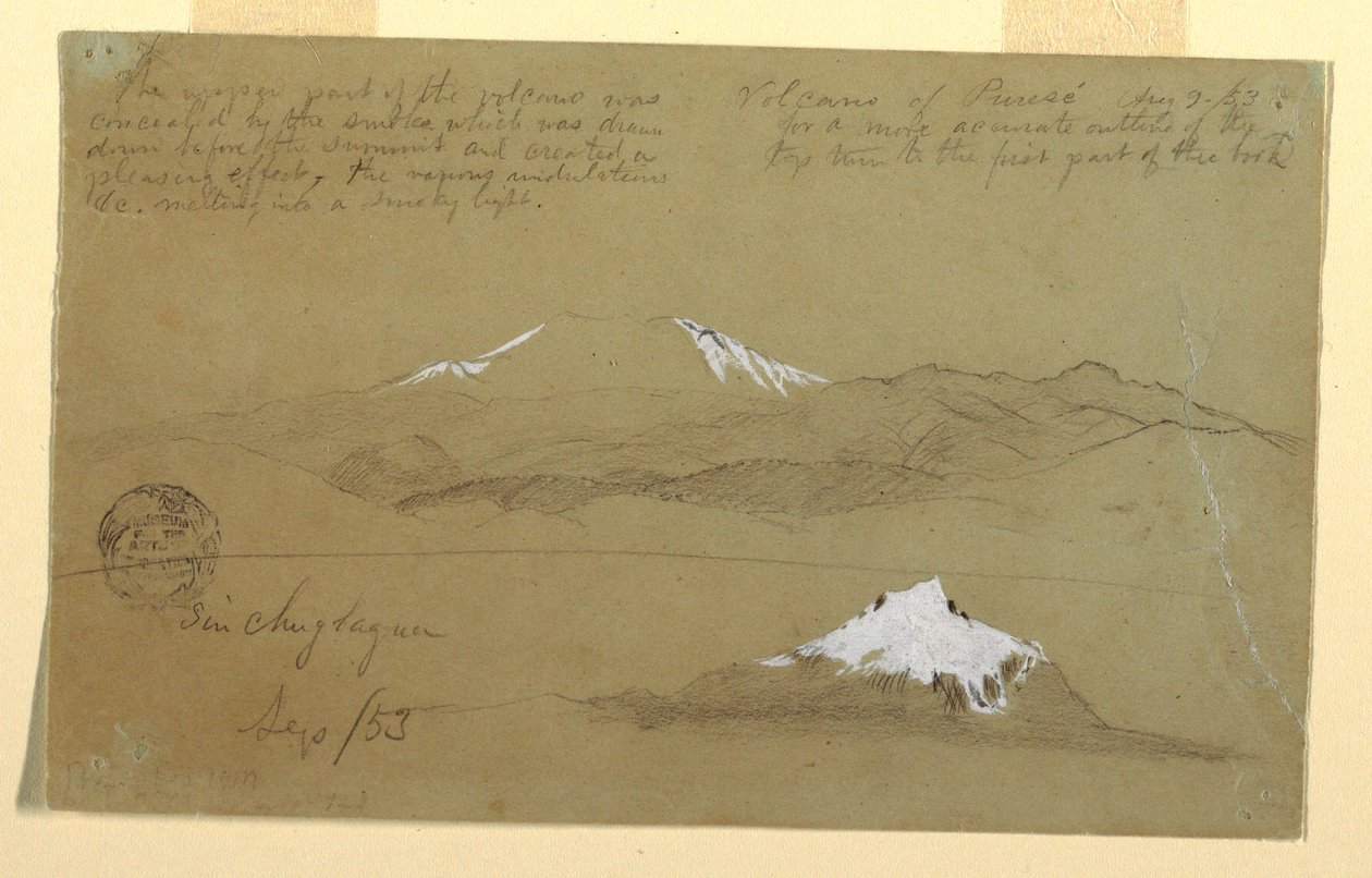 Tekening, Gezicht op de vulkaan Puresé, Colombia en de berg Sincholagua, Ecuador, 9 augustus en september 1853 door Frederic Edwin Church