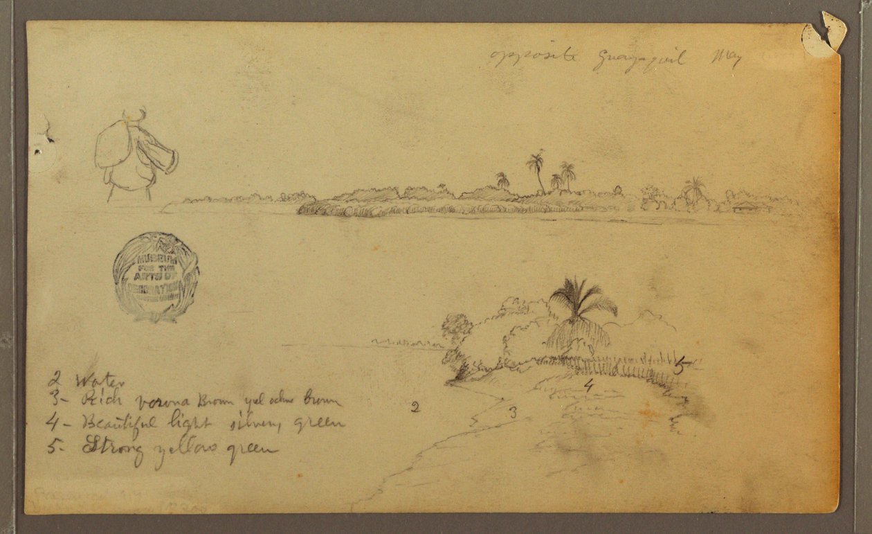 Tekening, Gezicht op de oostelijke oever van de Guayas-rivier, tegenover Guayaquil, Ecuador, mei 1857 door Frederic Edwin Church