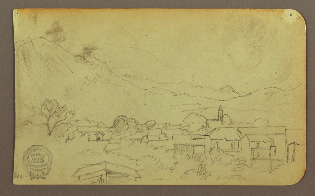 Tekening, Dorp; Verso:Heuveltop, december 1883 door Frederic Edwin Church