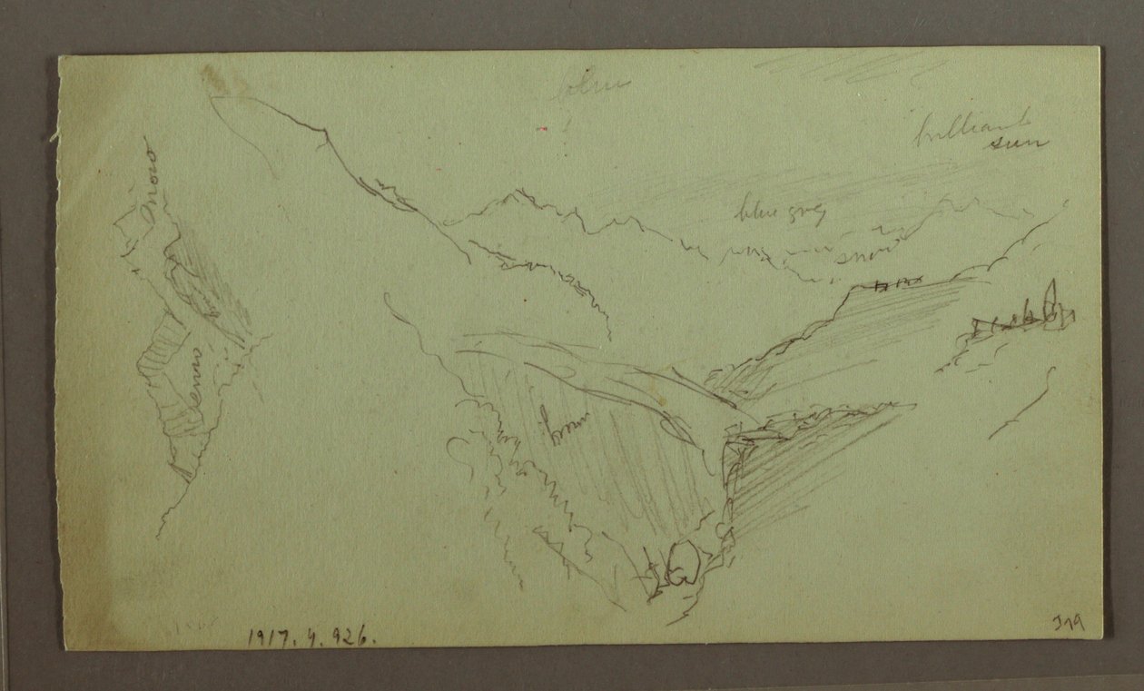 Tekening, Dorp en steil bergdal (Alpen), 1868-69 door Frederic Edwin Church
