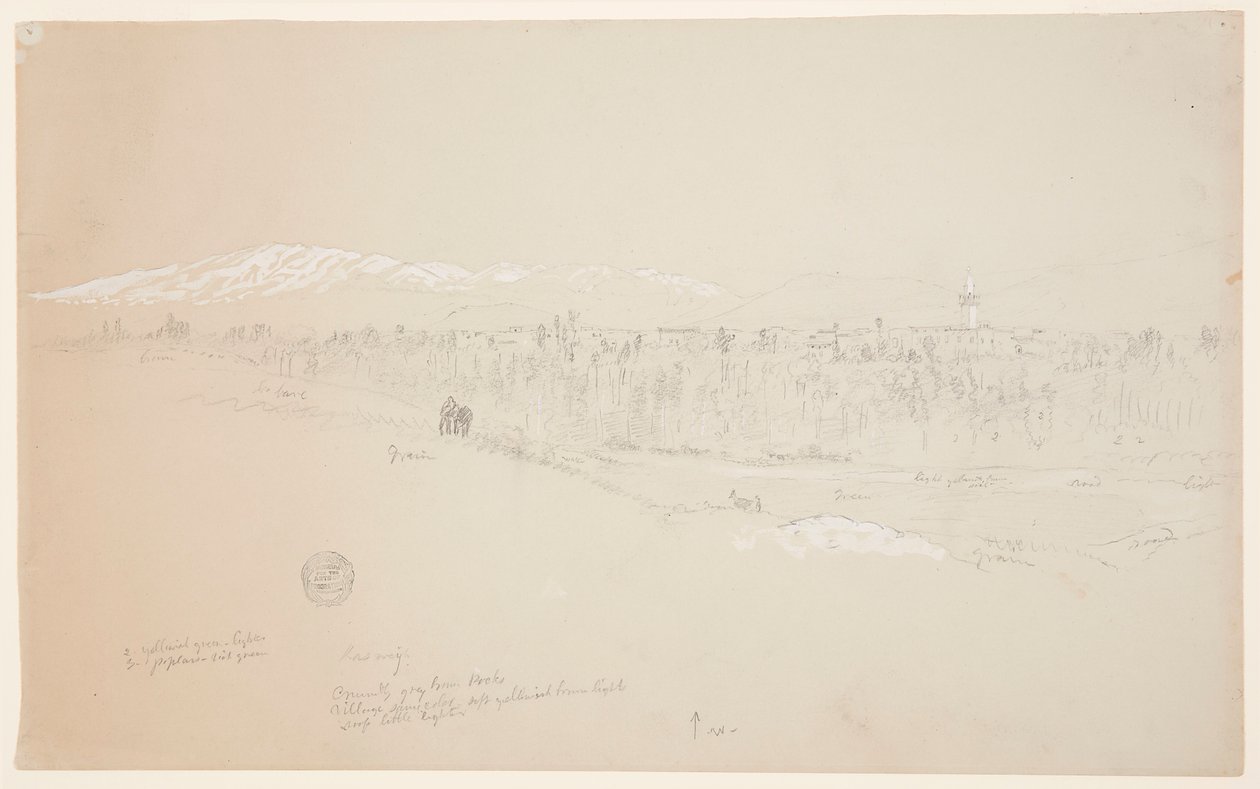 Tekening, Dorp Kuseiyeh, de berg Libanon in de verte, mei 1868 door Frederic Edwin Church