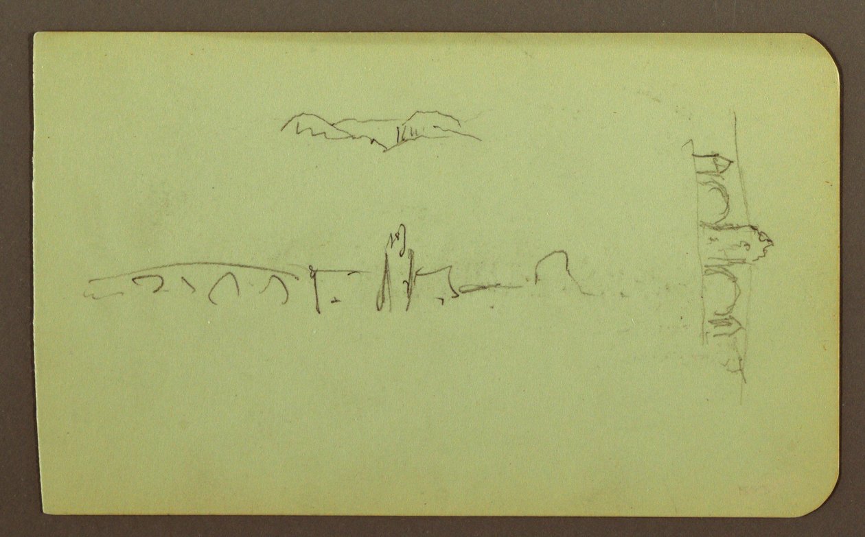 Tekening, heuvels, kerk, brug; Verso: figuur, kruis, kerk, 1883 door Frederic Edwin Church