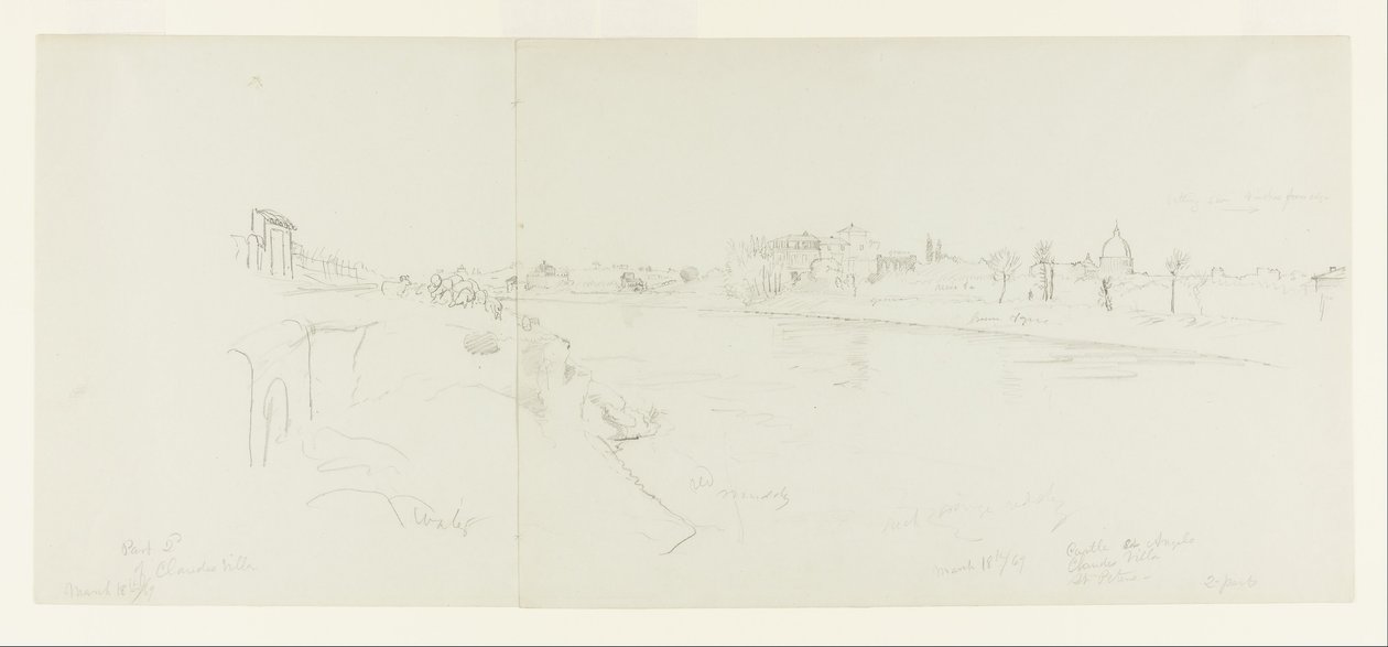 Landschapsgezicht op Rome vanaf de oevers van de Tiber, met verre uitzichten op het kasteel Sant Angelo, de villa van Claude en de Sint-Pietersbasiliek, deel 1 door Frederic Edwin Church