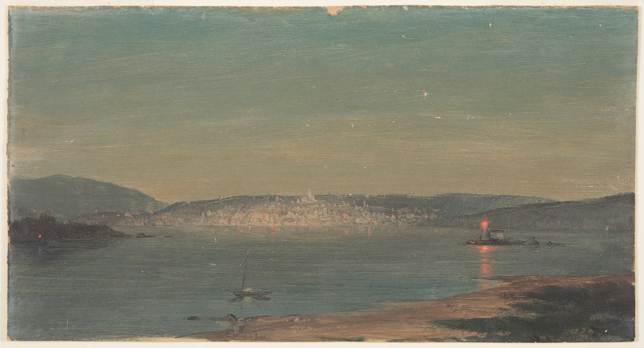 Nachtzicht op een haven door Frederic Edwin Church