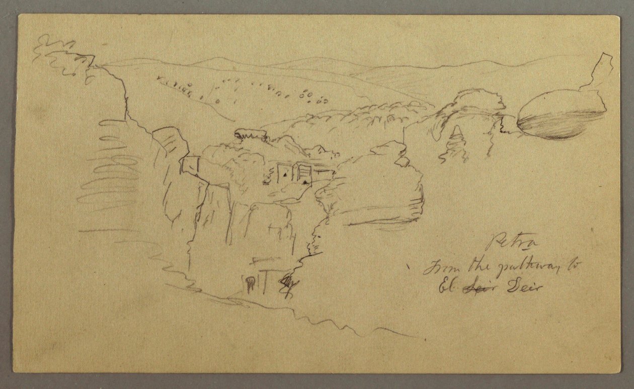 Schets. Uitzicht op Khirbet en Wasara "Petra / vanaf het pad naar / El Deir" door Frederic Edwin Church