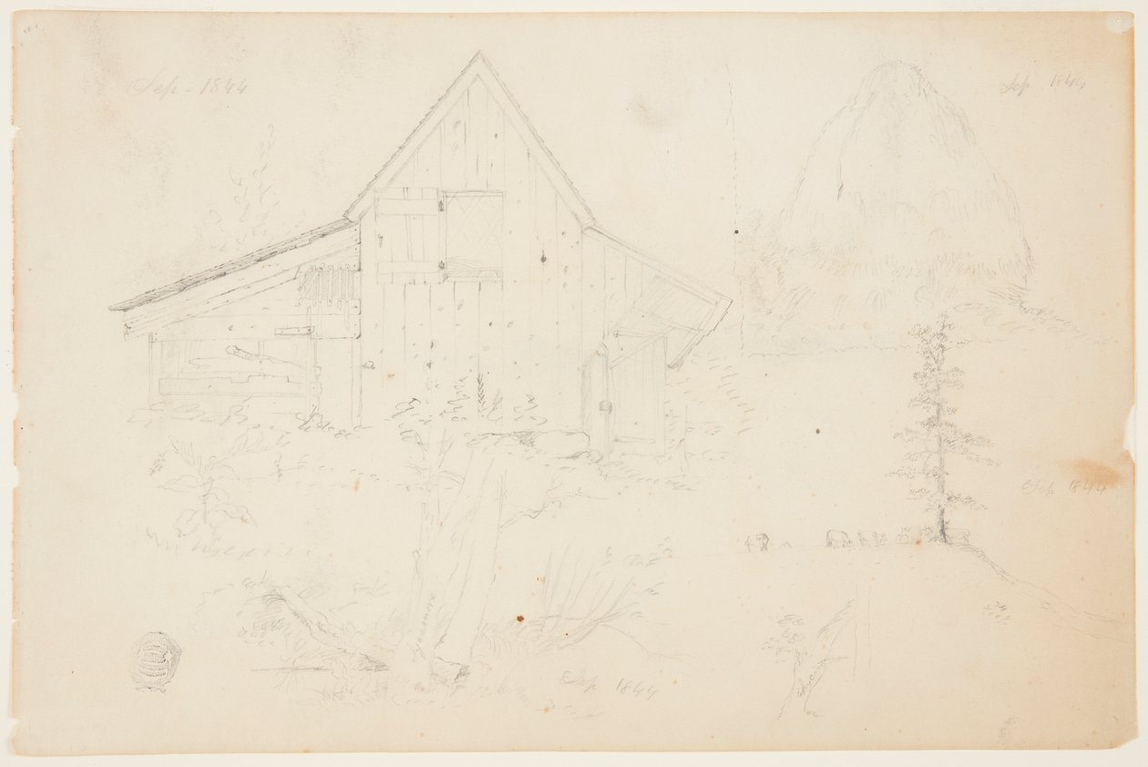 Schets van een schuur en hooiberg door Frederic Edwin Church