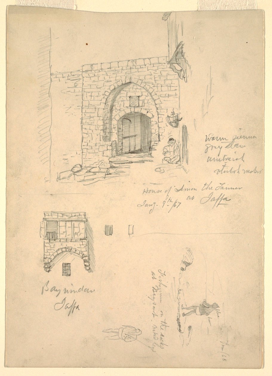 Schetsen van het huis van Semon de leerlooier, Jaffa, Palestina [Tel-Aviv, Israël] en vissers op de rotsen bij Beiroet, Syrië [Beiroet, Libanon] door Frederic Edwin Church