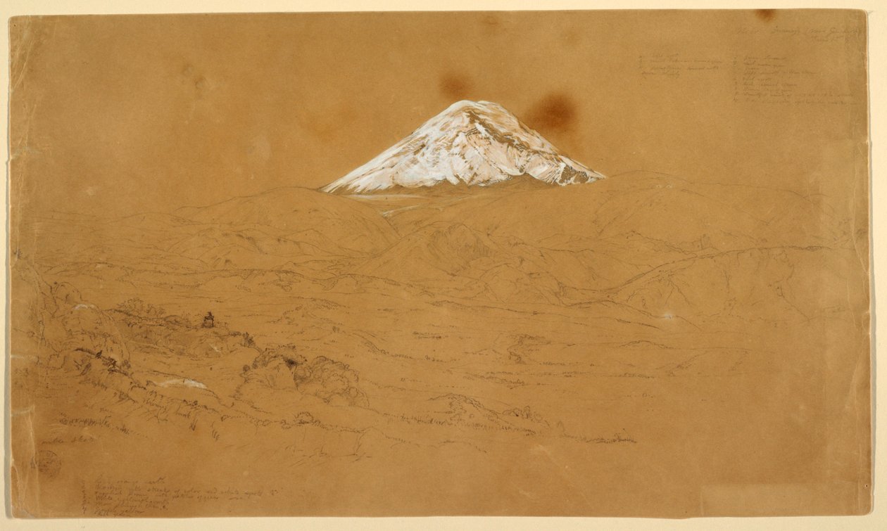 Uitzicht op de met sneeuw bedekte berg Chimborazo getekend nabij Guanojo en Guaranda, Ecuador door Frederic Edwin Church