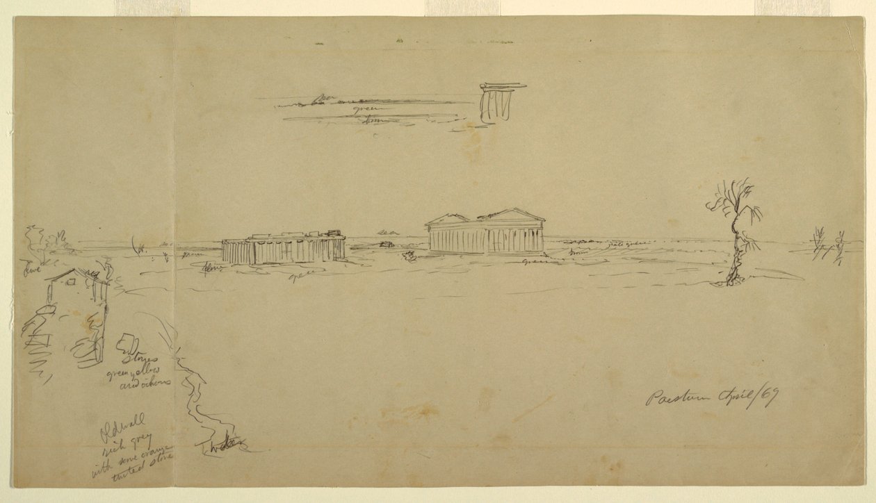 Gezichten op de basiliek en de tempel van Neptunus, Paestum, Italië door Frederic Edwin Church
