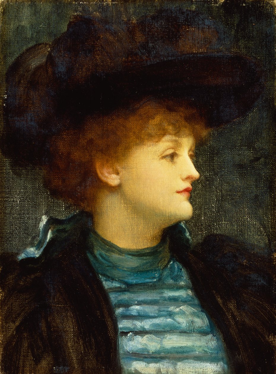 Portret van een vrouw in turquoise jurk met zwarte jas en hoed door Frederic Leighton