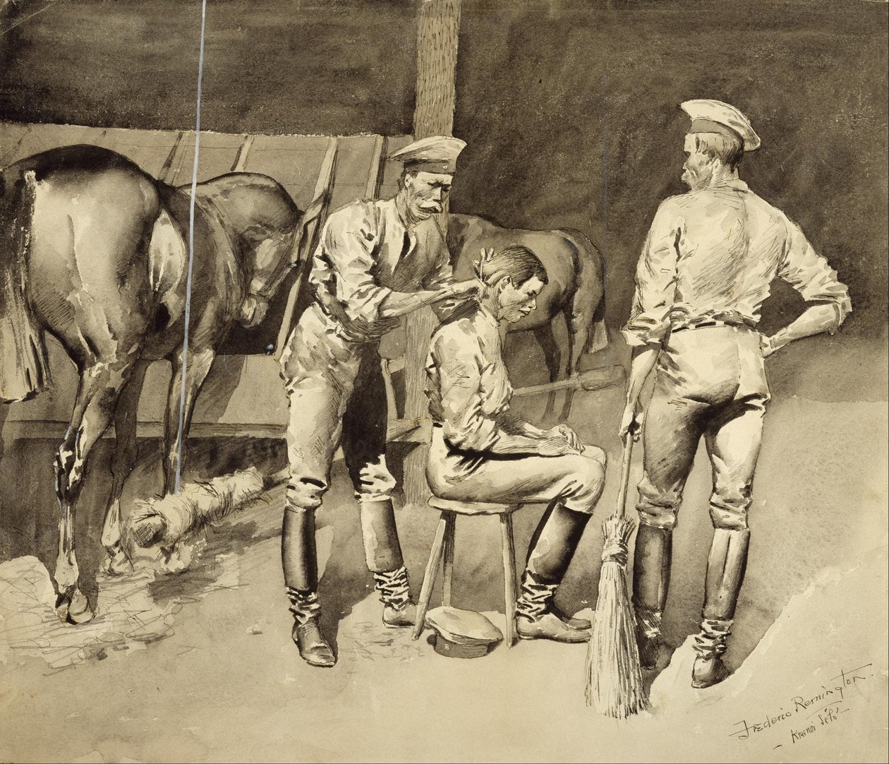 Een knipbeurt in een cavaleriestal door Frederic Remington