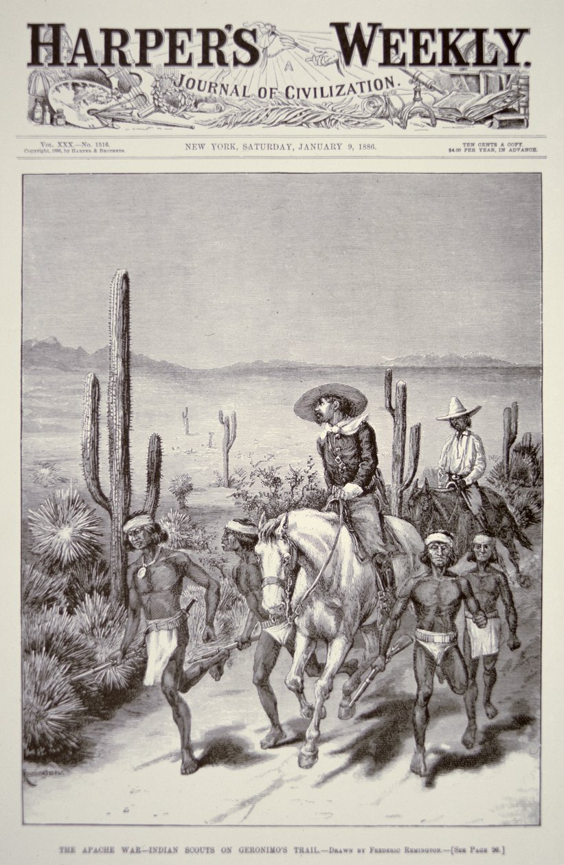 Apache Verkenners leiden legerpatrouille op jacht naar Geronimo (1829-1909) uit 
