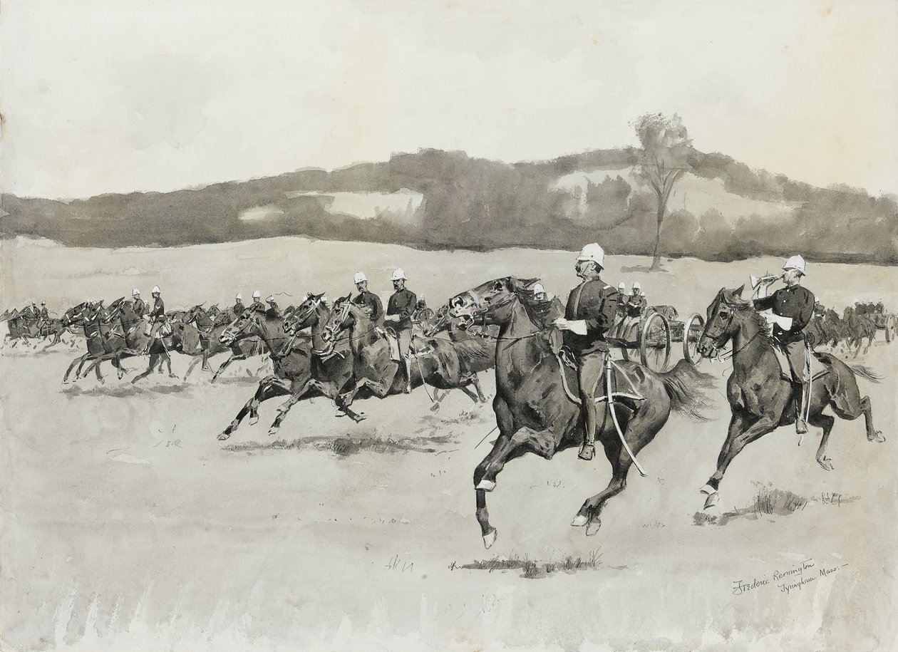 Batterij K bij oefening in de Berkshire Hills, Massachusetts door Frederic Remington