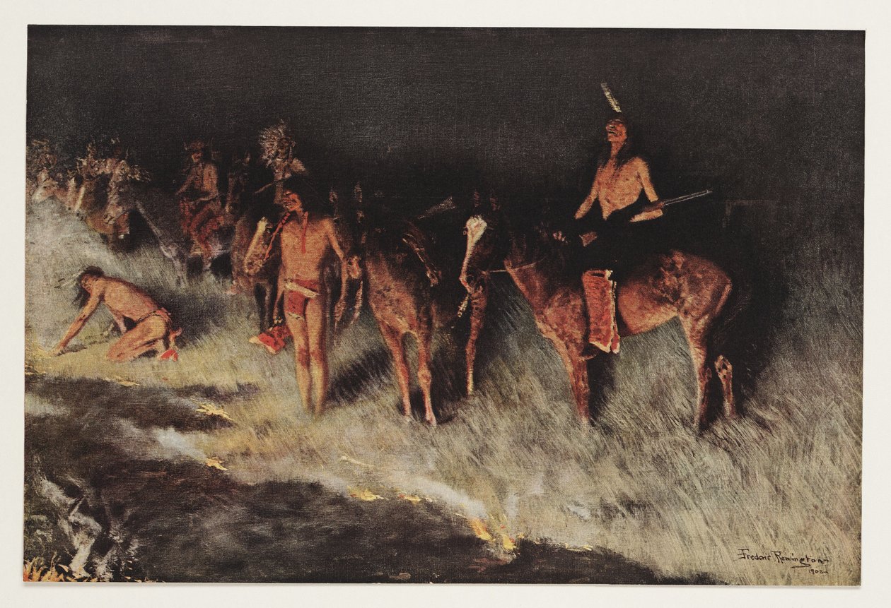 Brand op de prairie, uit Colliers Weekly, pub. 1908 door Frederic Remington
