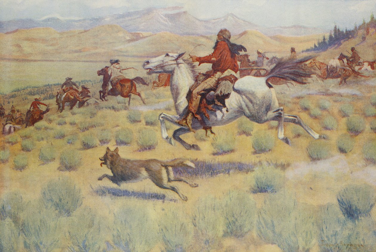 Jacht op de prairie, uit Colliers Weekly, pub. 1904 door Frederic Remington