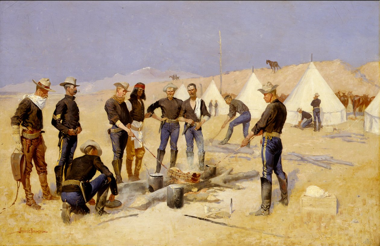 Het roosteren van het kerstvlees in een cavaleriekamp door Frederic Remington
